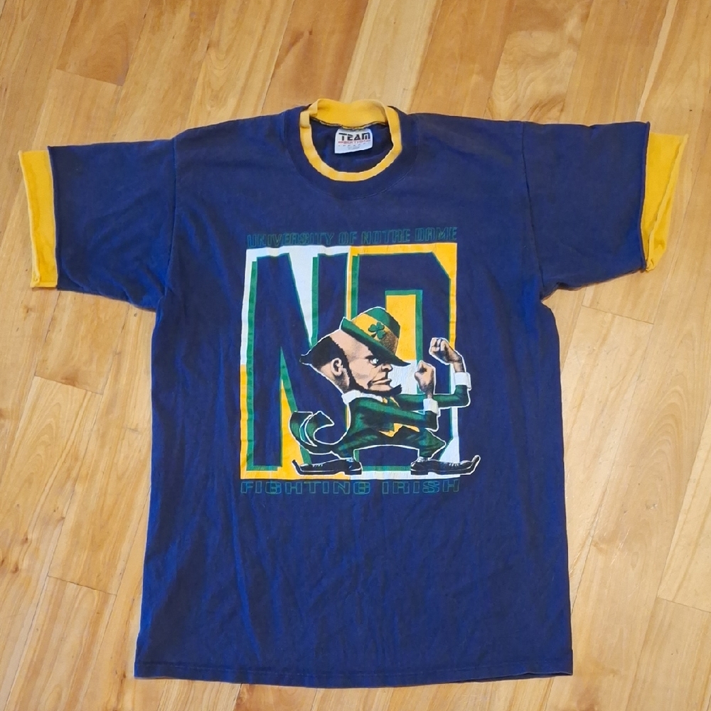 Vintage Notre Dame Team Edition Double Tee Look T-shirt Size XL Navy & Yellow